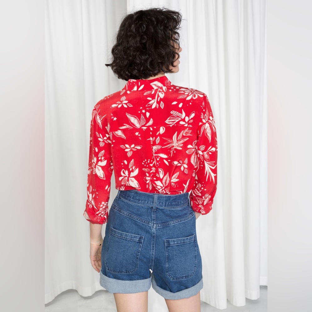 & Other Stories 100% Silk Long Sleeve Button Down Collared Blouse Red & White 10 - Picture 9 of 16